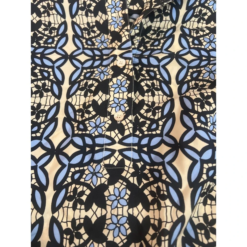 GOEN.J Silk Geometric‎ Floral Tile Print Midi Dress Blue Black Cream US 8